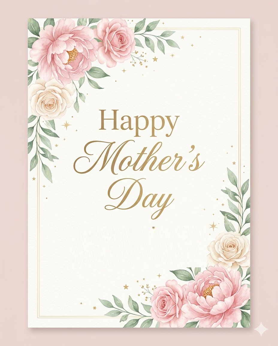 Happy Mother's Day watercolor card with peonies and roses in gold script lettering